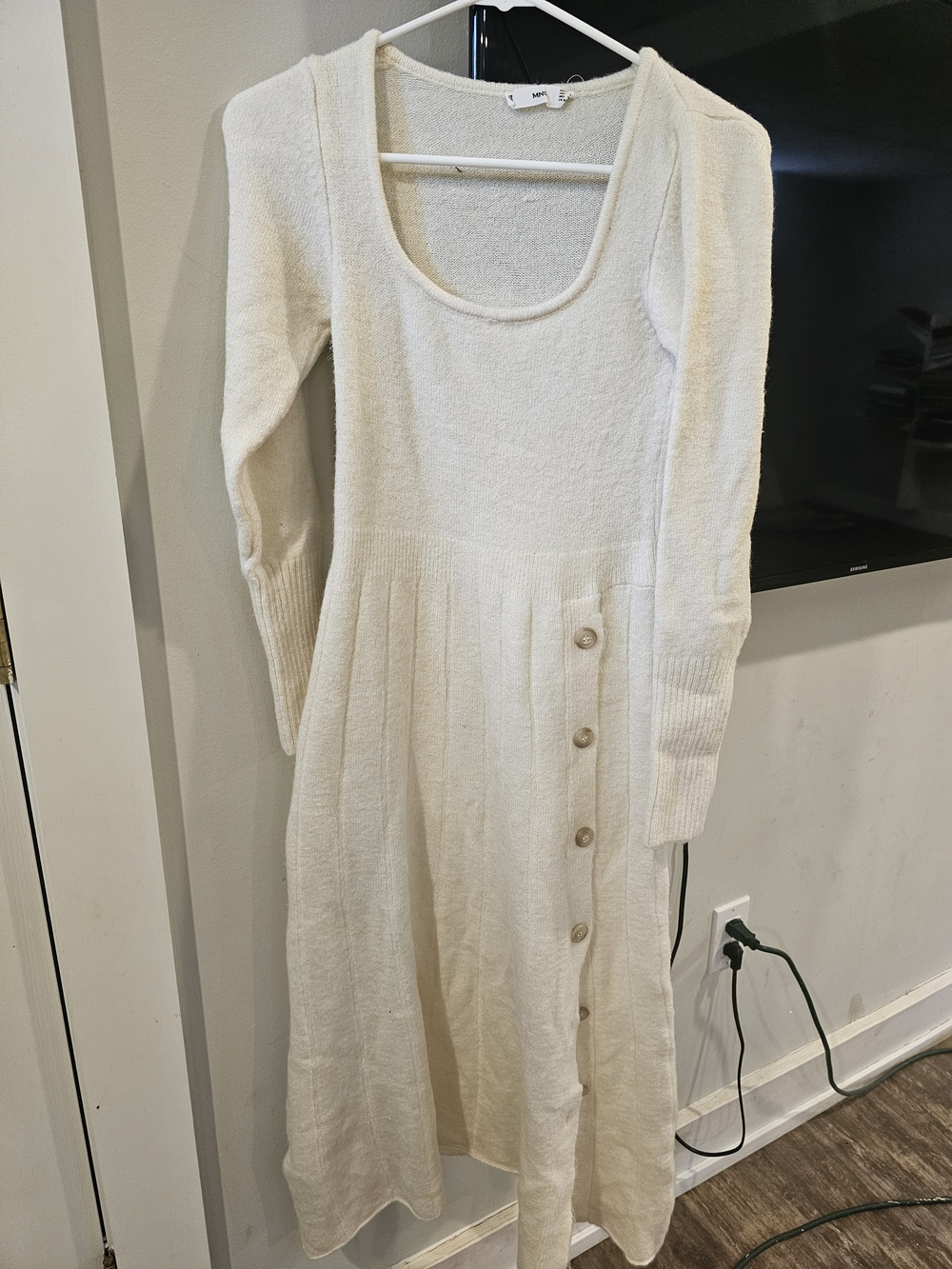 Mango Cream Long Sleeve Knit Midi Dress with Side Buttons